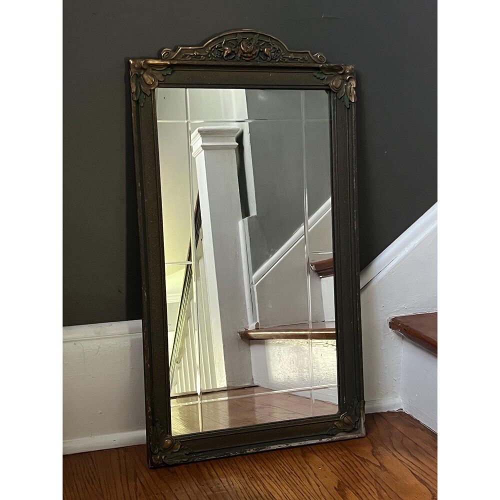 Antique Ornate Wood Framed Beveled Glass Hanging Wall Mirror